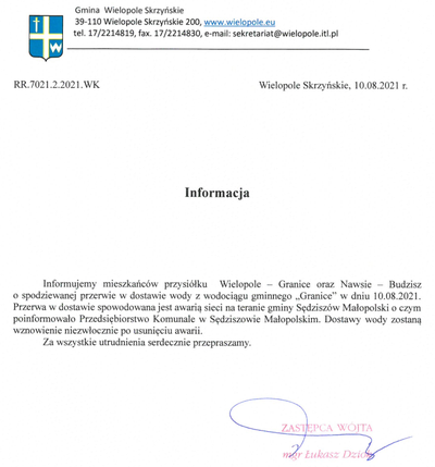 Informacja o przerwie w dostawie wody z wodociągu gminnego "Granice"