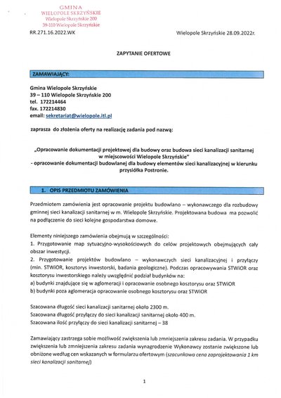 Zapytanie Ofertowe RR.271.16.2022.WK