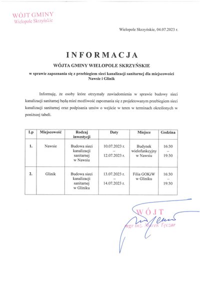 Informacja Wójta Gminy Wielopole Skrzyńskie w sprawie zapoznania się z przebiegiem sieci kanalizacji sanitarnej dla miejscowości Nawsie i Glinik