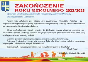 Życzenia z okazji zakończenia Roku Szkolnego 2022/2023