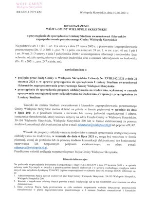 Obwieszczenie Wójta Gminy Wielopole Skrzyńskie o przystąpieniu do sporządzenia I zmiany Studium Uwarunkowań i Kierunków Zagospodarowania Przestrzennego Gminy Wielopole Skrzyńskie