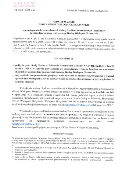 Obwieszczenie Wójta Gminy Wielopole Skrzyńskie o przystąpieniu do sporządzenia I zmiany Studium Uwarunkowań i Kierunków Zagospodarowania Przestrzennego Gminy Wielopole Skrzyńskie