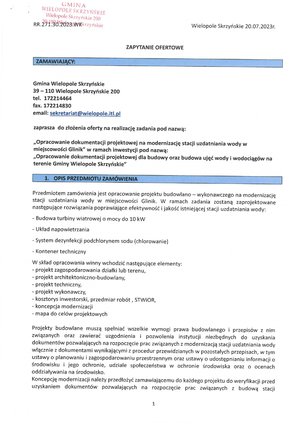 Zapytanie ofertowe: „Opracowanie dokumentacji projektowej na modernizację stacji uzdatniania wody w miejscowości Glinik" w ramach inwestycji pod nazwą: „Opracowanie dokumentacji projektowej dla budowy oraz budowa ujęć wody i wodociągów na terenie Gminy Wielopole Skrzyńskie"