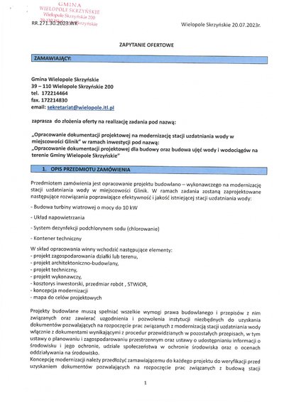 Zapytanie ofertowe: „Opracowanie dokumentacji projektowej na modernizację stacji uzdatniania wody w miejscowości Glinik" w ramach inwestycji pod nazwą: „Opracowanie dokumentacji projektowej dla budowy oraz budowa ujęć wody i wodociągów na terenie Gminy Wielopole Skrzyńskie"